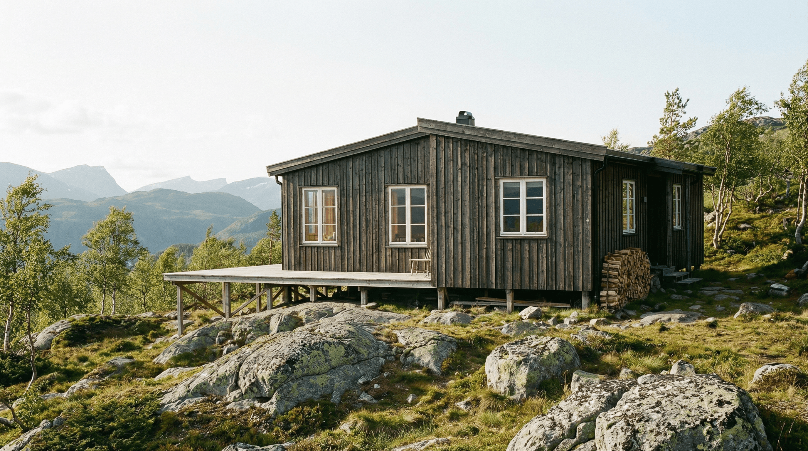 Hytte fotografert fra 3/4-vinkel – originalbilde